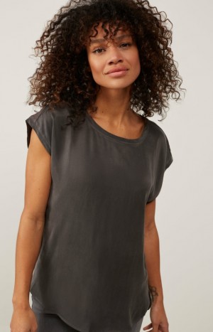 YAYA Basic mixed fabric top with round neck and cap sleeves Oberteile Damen Schwarz | CFJQLKN-64