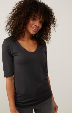 YAYA Basic round V-neck and mid-length sleeves T-shirts Damen Schwarz | BSXKHLG-68