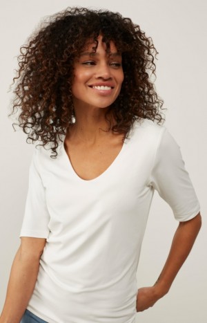 YAYA Basic round V-neck and mid-length sleeves T-shirts Damen Weiß | OCBFNJR-29