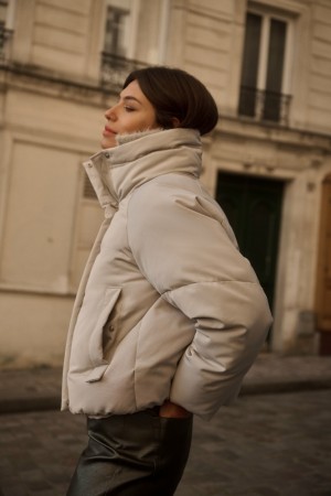 YAYA Cropped oversized puffer jacket with high collar and pockets Mäntel Damen Grau | IJRPWEO-04