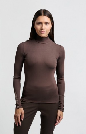 YAYA Fine knit turtleneck with long sleeves and buttons Oberteile Damen Braun | HICNGVZ-58