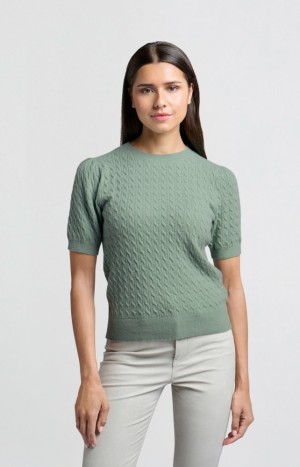 YAYA Knitted with short sleeves and cable pattern Pullover Damen Grün | YVLWXTJ-47