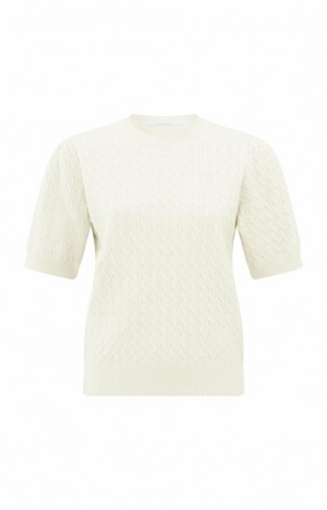 YAYA Knitted with short sleeves and cable pattern Pullover Damen Weiß | ZRLDXOY-74