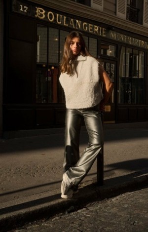 YAYA Metallic faux leather pants with wide legs and regular fit Hosen Damen Silber | PGSOYUB-84