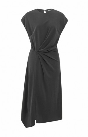 YAYA Midi cap sleeves, faux wrap and pleated details Kleid Damen Dunkelgrau | FULWHSN-72