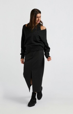 YAYA Midi pinstripes and front slit Röcke Damen Weiß | RNTMFXP-34