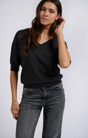YAYA Soft V-neck with half sleeves and stitched details Pullover Damen Dunkelgrau | UOCNGVS-90