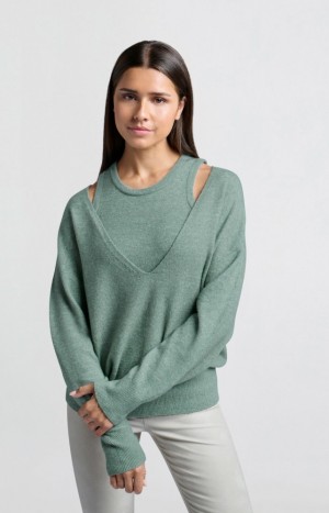 YAYA Soft V-neck with matching top in loose fit Pullover Damen Grün | VUZBYFQ-73