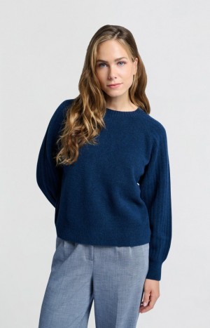 YAYA Soft ribbed with round neck and long sleeves Pullover Damen Blau | PQDGKLV-68