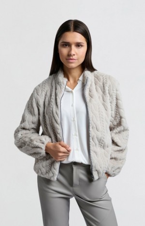 YAYA Soft short faux fur Coats with cable pattern Strickjacke Damen Grau | PFMWHCG-50