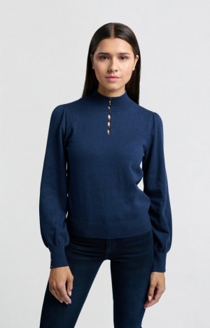 YAYA Soft turtleneck with button details and balloon sleeves Pullover Damen Blau | QCLAFVZ-14