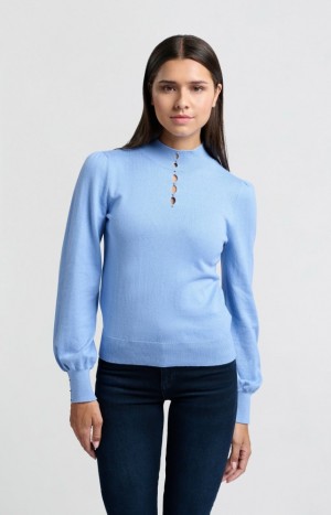 YAYA Soft turtleneck with button details and balloon sleeves Pullover Damen Blau | LQGUNSY-17