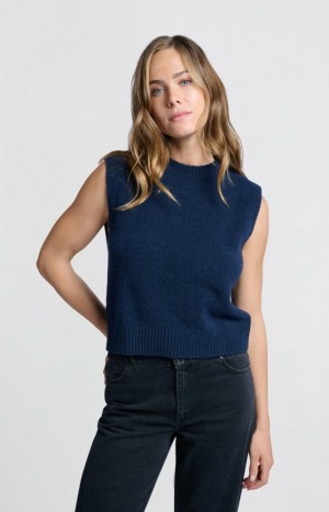 YAYA Soft vest with elegant open back and button closure Pullover Damen Blau | NGXYFCE-31