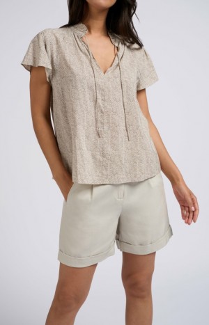 YAYA Top with high ruffled neck, short sleeves and print Oberteile Damen Grau | YVIUOGE-89