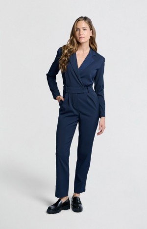 YAYA Woven long sleeves, collar and belt Jumpsuit Damen Blau | DVSLPXM-52