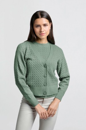 YAYA with cable pattern, long sleeves and deep V-neck Strickjacke Damen Grün | INPDCMS-53