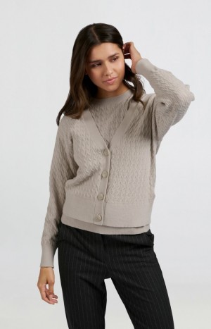 YAYA with cable pattern, long sleeves and deep V-neck Strickjacke Damen Grau | HJZOVPQ-86