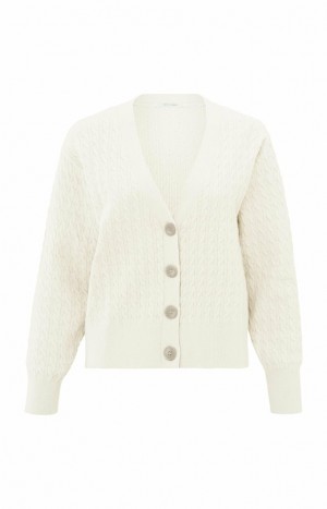 YAYA with cable pattern, long sleeves and deep V-neck Strickjacke Damen Weiß | ILBMWQK-08