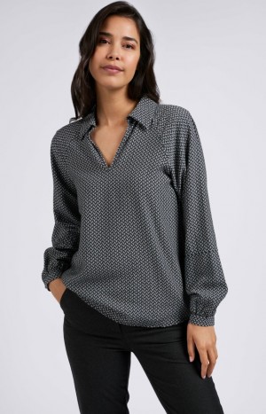 YAYA with print, long balloon sleeves and V-neck Oberteile Damen Weiß | EWRKHVN-52