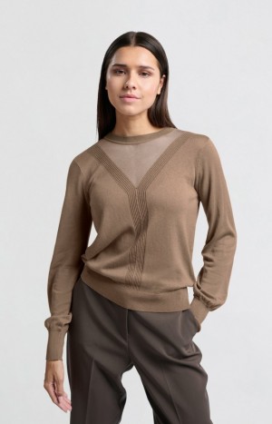YAYA with transparent details and round neck Pullover Damen Grau Braun | CPBYWDV-70